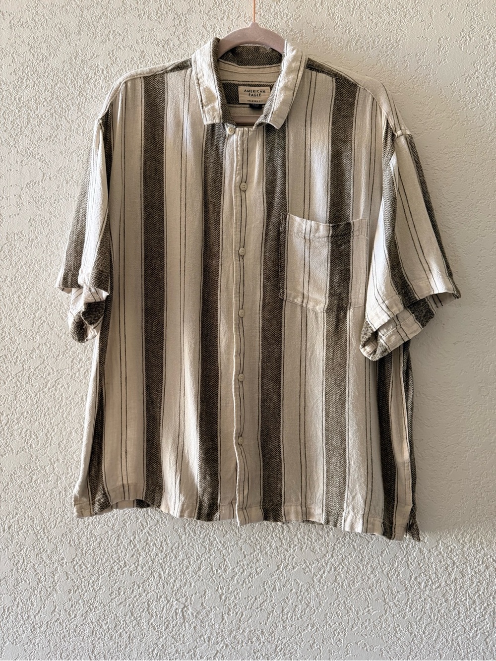 AMERICAN EAGLE Mens Poolside Linen Blend Olive Green Stripe Short Sleeve Shirt M